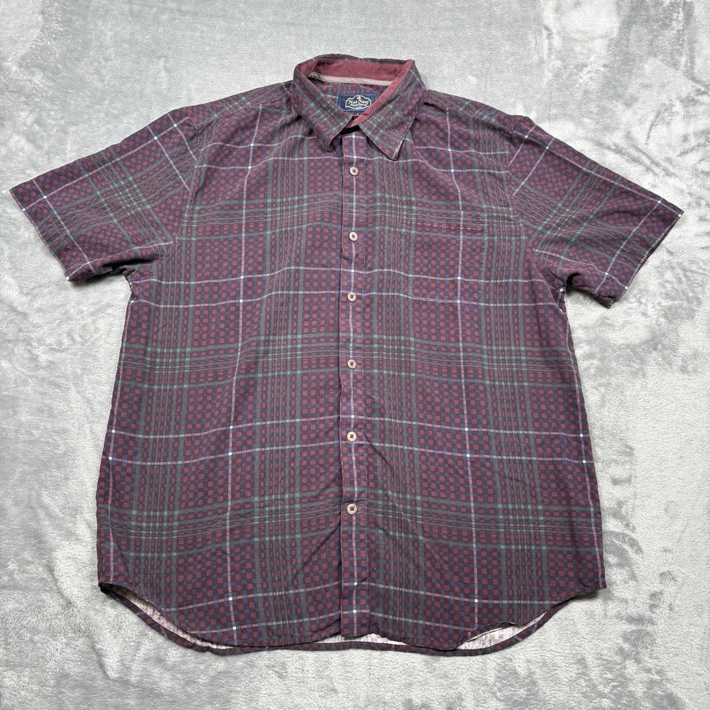 Nat Nast Shirt Mens Large Maroon Geometric Silk Short Sleeve Button Up